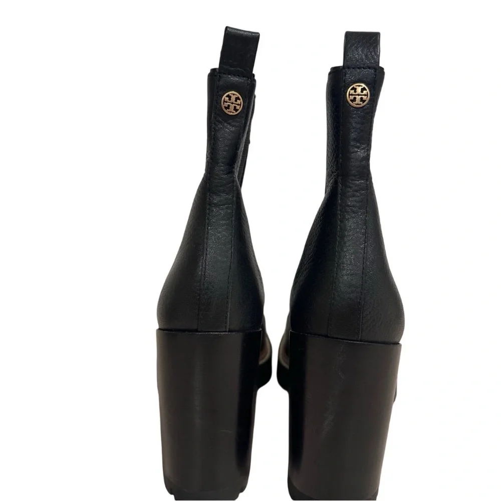 New Tory Burch Black Genuine Leather Chelsea Pull On Heeled Boot Rugged Sole 8